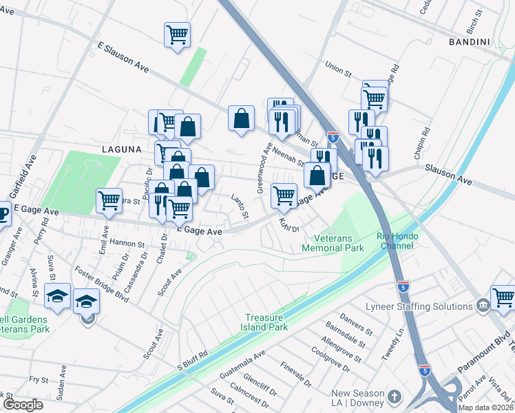 map of restaurants, bars, coffee shops, grocery stores, and more near 6111 Greenwood Avenue in Commerce