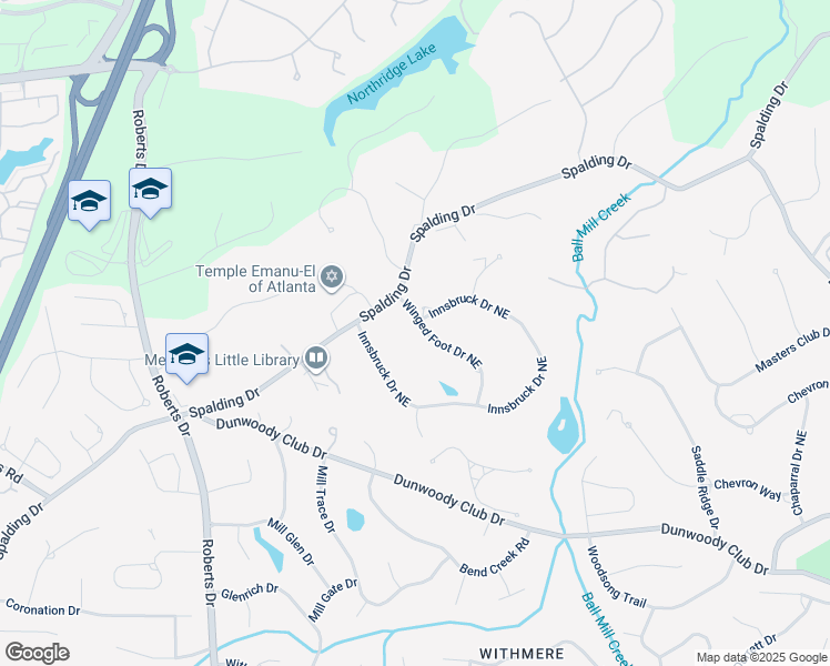 map of restaurants, bars, coffee shops, grocery stores, and more near 8155 Winged Foot Drive Northeast in Atlanta
