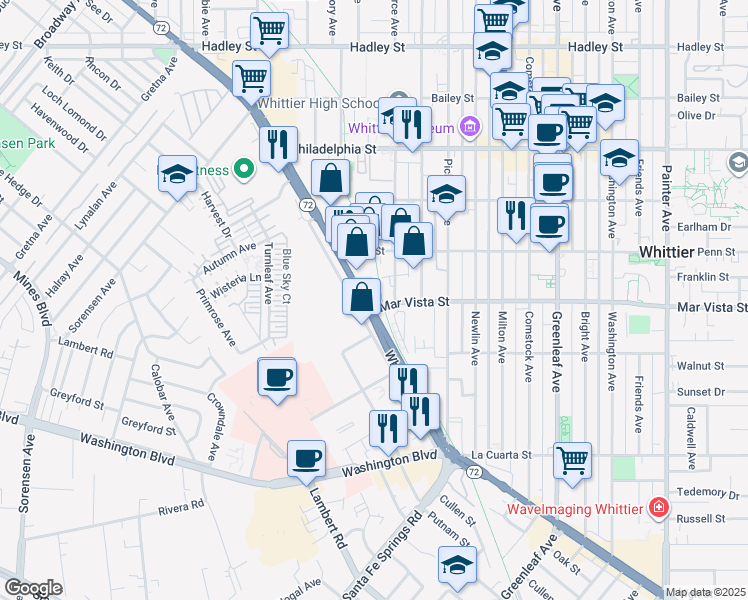 map of restaurants, bars, coffee shops, grocery stores, and more near 725 The Whittier Greenway Trail in Whittier