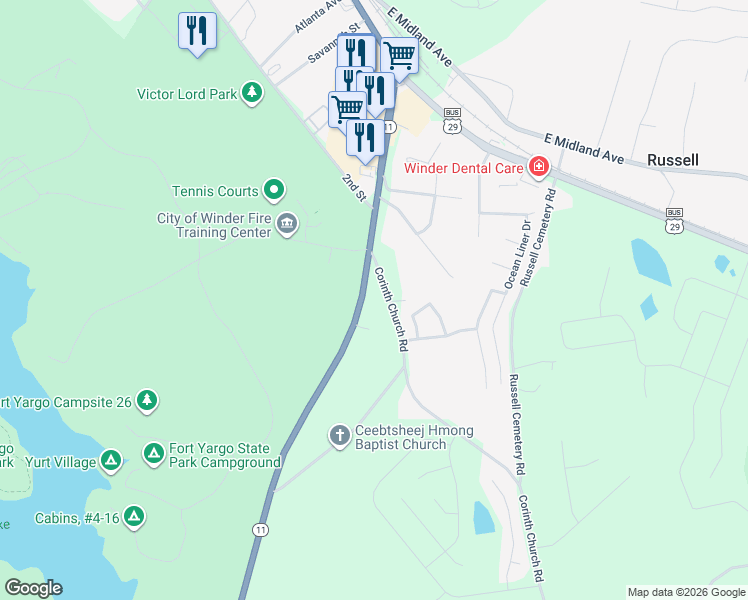 map of restaurants, bars, coffee shops, grocery stores, and more near 116 Monroe Highway in Winder