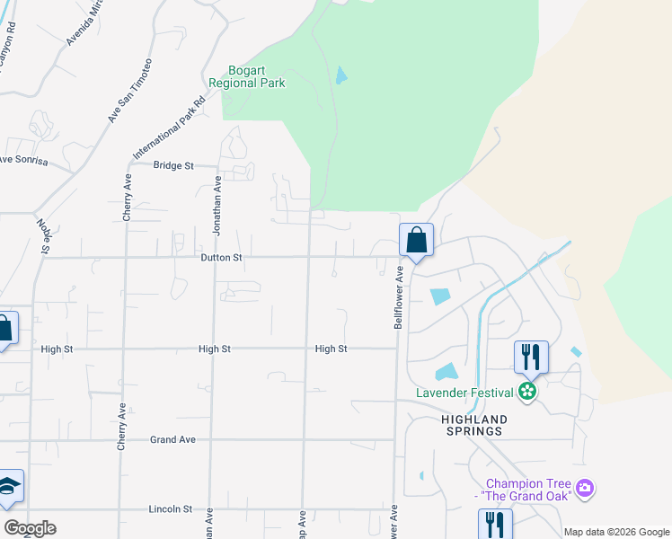 map of restaurants, bars, coffee shops, grocery stores, and more near 40587 Dutton Street in Cherry Valley