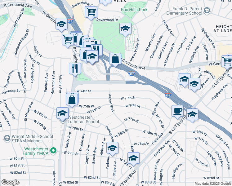 map of restaurants, bars, coffee shops, grocery stores, and more near 5962 West 74th Street in Los Angeles