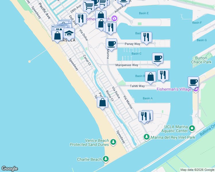 map of restaurants, bars, coffee shops, grocery stores, and more near 114 Mast Court in Marina del Rey