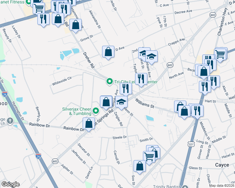 map of restaurants, bars, coffee shops, grocery stores, and more near 472 Brooks Avenue in West Columbia