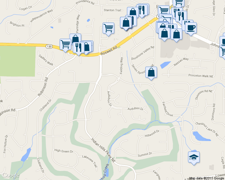 map of restaurants, bars, coffee shops, grocery stores, and more near 3977 Chantilly Place in Marietta