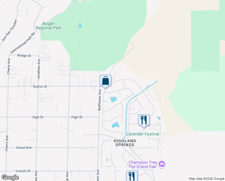 map of restaurants, bars, coffee shops, grocery stores, and more near 40798 Cheyenne Trail in Cherry Valley