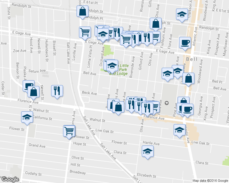 map of restaurants, bars, coffee shops, grocery stores, and more near 6909 San Luis Avenue in Bell