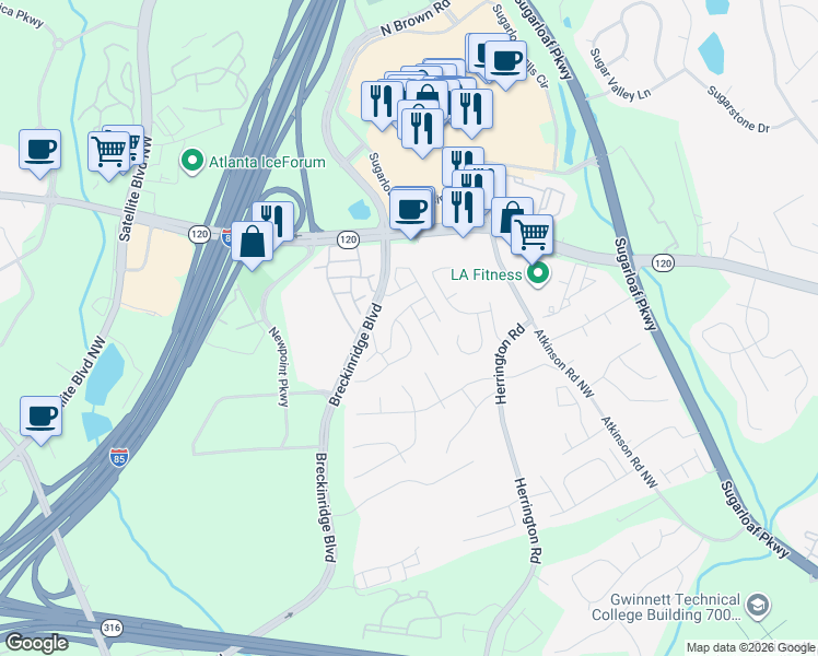 map of restaurants, bars, coffee shops, grocery stores, and more near 86 Ramblewood Trail in Lawrenceville