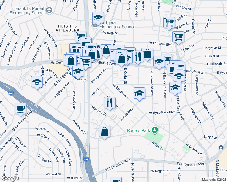 map of restaurants, bars, coffee shops, grocery stores, and more near 881 Kincaid Avenue in Inglewood