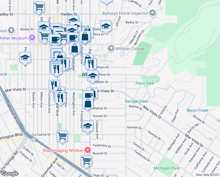 map of restaurants, bars, coffee shops, grocery stores, and more near 13631 Mar Vista Street in Whittier
