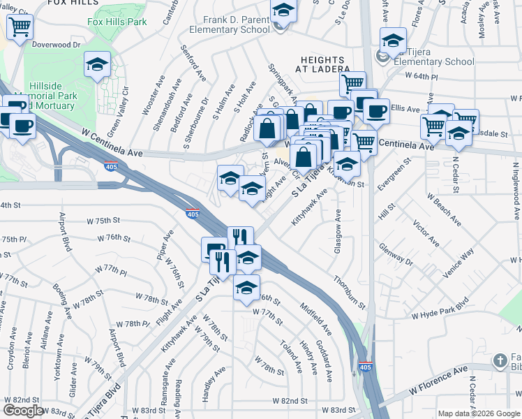 map of restaurants, bars, coffee shops, grocery stores, and more near 7140 Flight Avenue in Los Angeles