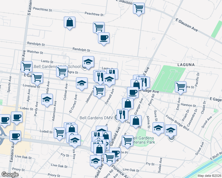 map of restaurants, bars, coffee shops, grocery stores, and more near 6414 Darwell Avenue in Bell Gardens
