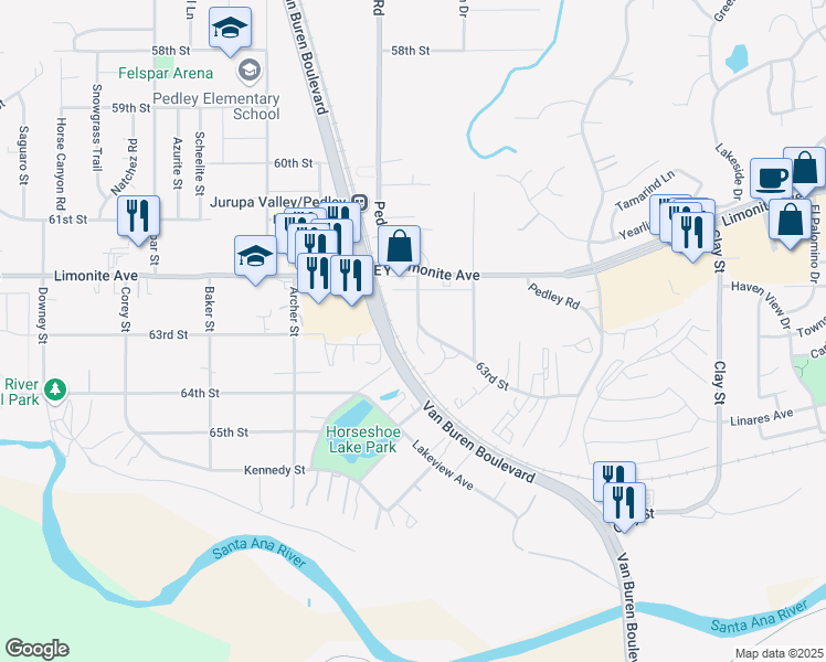 map of restaurants, bars, coffee shops, grocery stores, and more near 6301 Morton Avenue in Riverside
