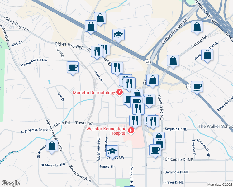 map of restaurants, bars, coffee shops, grocery stores, and more near 121 Marble Mill Road Northwest in Marietta