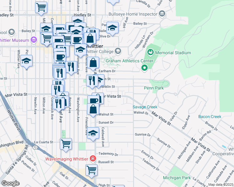 map of restaurants, bars, coffee shops, grocery stores, and more near 13631 Mar Vista Street in Whittier