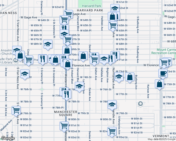 map of restaurants, bars, coffee shops, grocery stores, and more near 7307 South Denker Avenue in Los Angeles