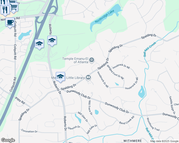 map of restaurants, bars, coffee shops, grocery stores, and more near 1570 Spalding Drive in Atlanta