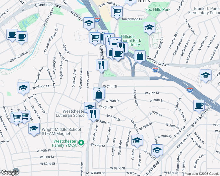 map of restaurants, bars, coffee shops, grocery stores, and more near 6140 West 74th Street in Los Angeles