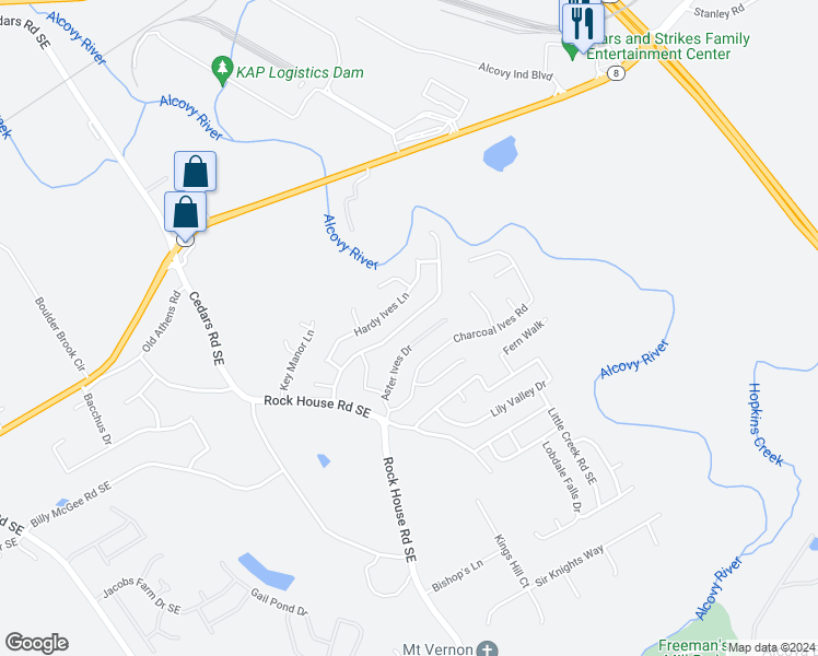 map of restaurants, bars, coffee shops, grocery stores, and more near 358 Hardy Water Drive Southeast in Lawrenceville