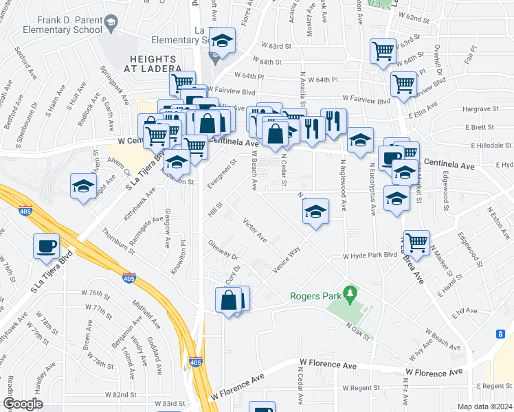 map of restaurants, bars, coffee shops, grocery stores, and more near 881 Kincaid Avenue in Inglewood