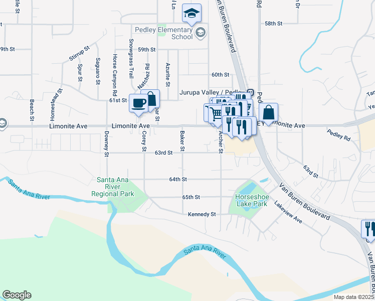 map of restaurants, bars, coffee shops, grocery stores, and more near 9085 63rd Street in Riverside