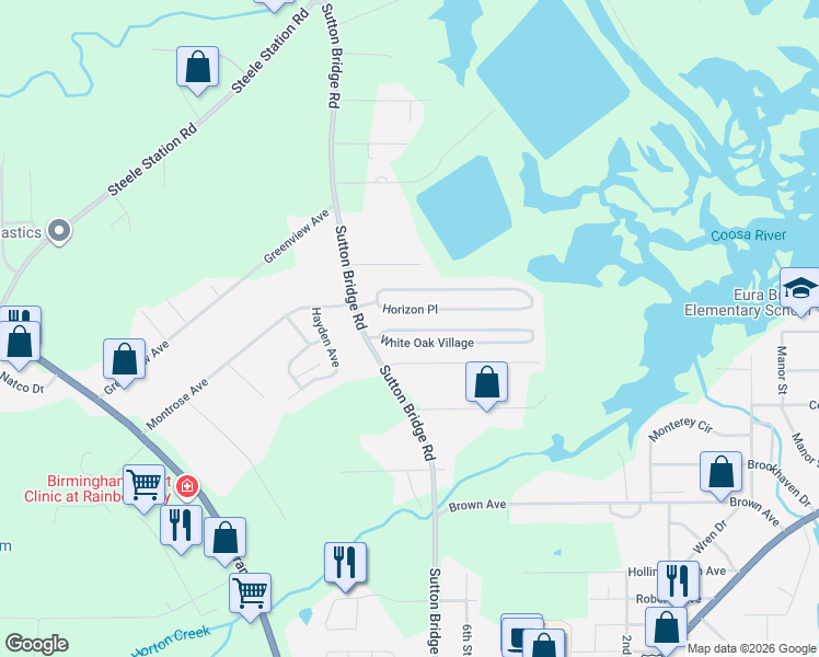 map of restaurants, bars, coffee shops, grocery stores, and more near 31 Country Lane in Rainbow City