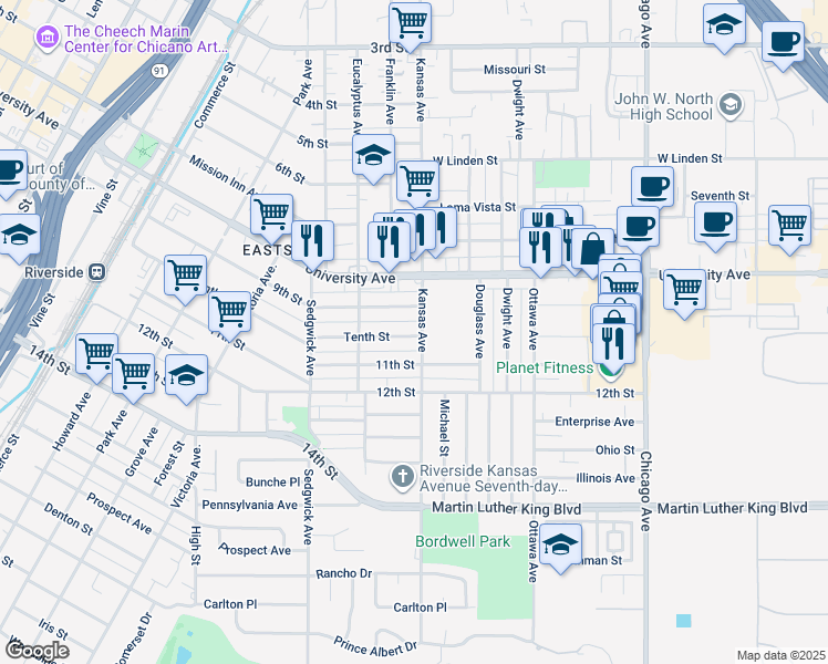 map of restaurants, bars, coffee shops, grocery stores, and more near 4005 Kansas Avenue in Riverside