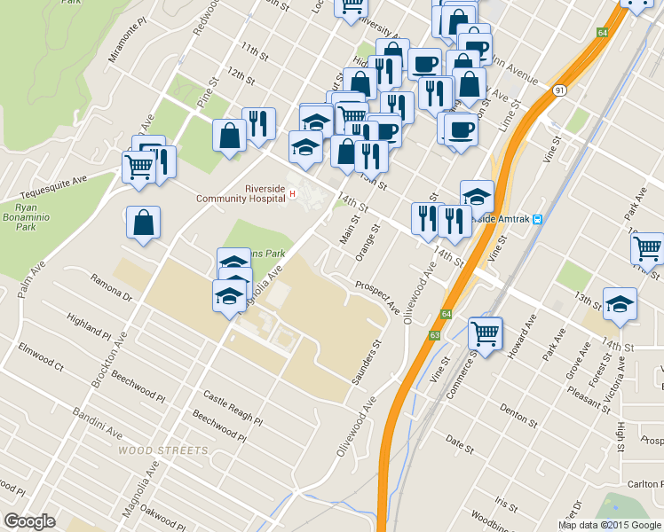 map of restaurants, bars, coffee shops, grocery stores, and more near 3633 Prospect Avenue in Riverside