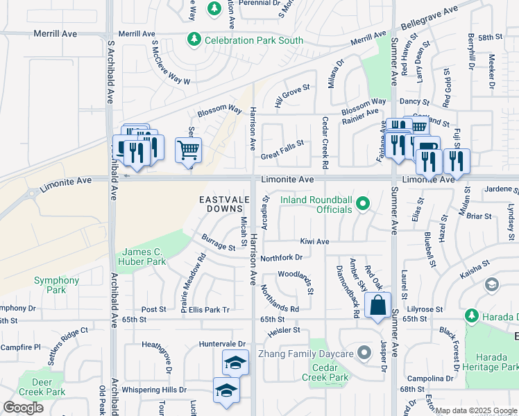map of restaurants, bars, coffee shops, grocery stores, and more near 6346 Arcadia Street in Corona