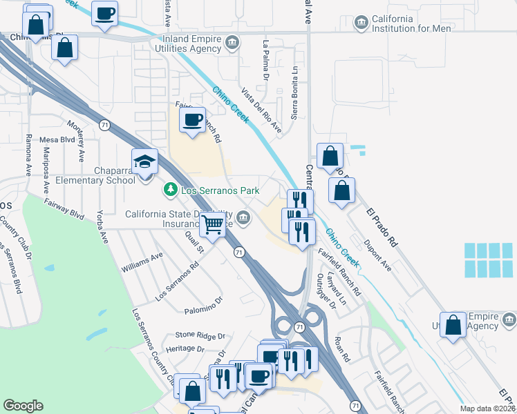 map of restaurants, bars, coffee shops, grocery stores, and more near 15320 Fairfield Ranch Road in Chino Hills