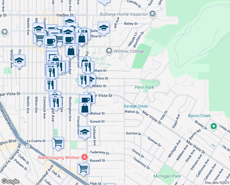 map of restaurants, bars, coffee shops, grocery stores, and more near 13713 Mar Vista Street in Whittier
