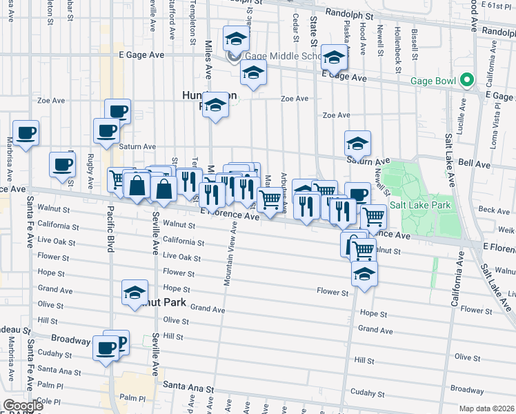 map of restaurants, bars, coffee shops, grocery stores, and more near 2931 East Florence Avenue in Huntington Park