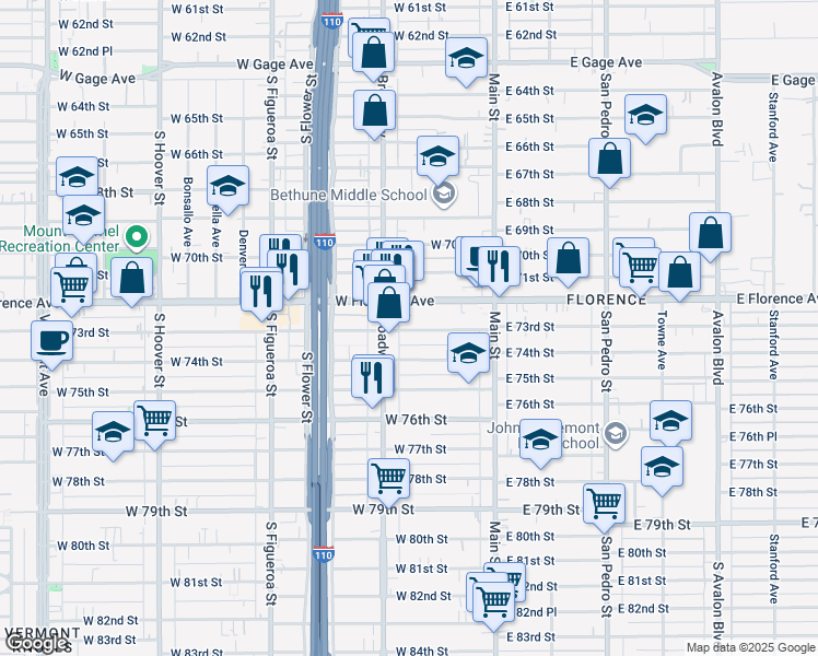 map of restaurants, bars, coffee shops, grocery stores, and more near 7300 South Broadway in Los Angeles