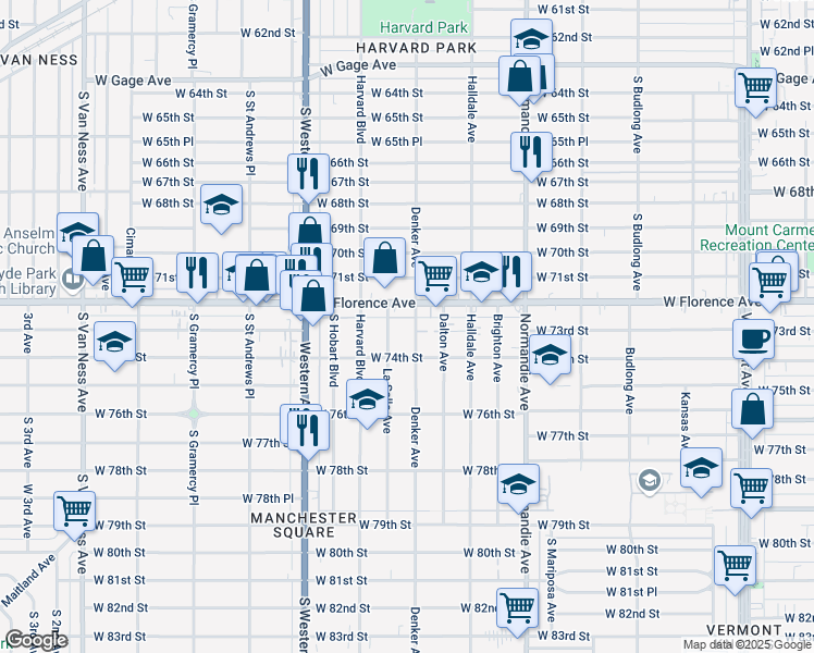 map of restaurants, bars, coffee shops, grocery stores, and more near 7307 South Denker Avenue in Los Angeles