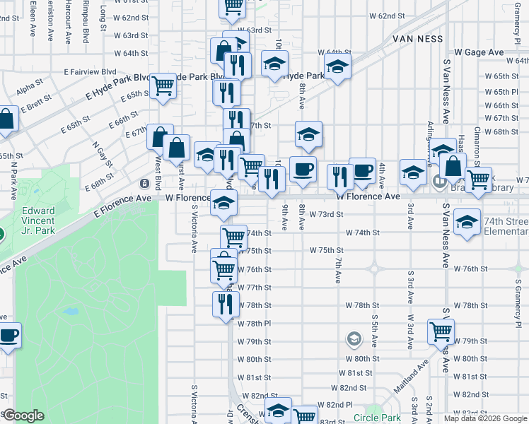map of restaurants, bars, coffee shops, grocery stores, and more near 3210 West 73rd Street in Los Angeles