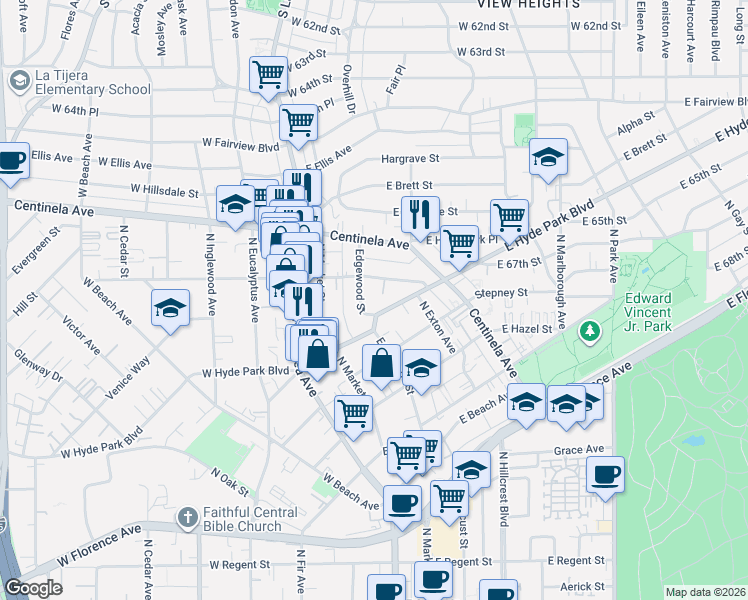 map of restaurants, bars, coffee shops, grocery stores, and more near 700 Edgewood Street in Inglewood