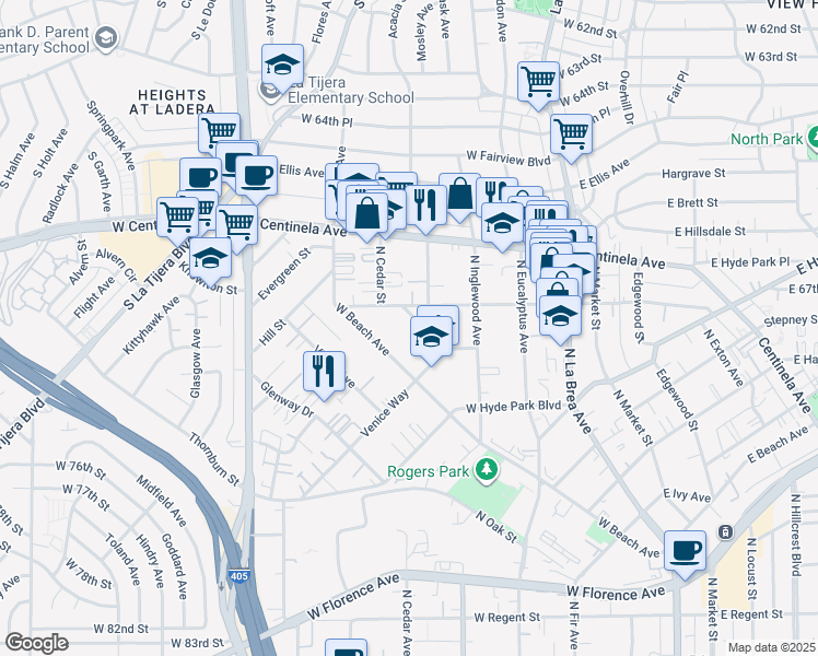 map of restaurants, bars, coffee shops, grocery stores, and more near 820 North Acacia Street in Inglewood