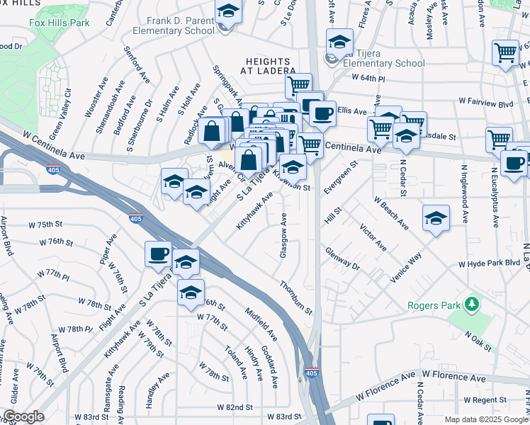 map of restaurants, bars, coffee shops, grocery stores, and more near 7030 Kittyhawk Avenue in Los Angeles
