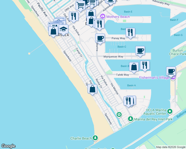 map of restaurants, bars, coffee shops, grocery stores, and more near 114 Mast Court in Marina del Rey