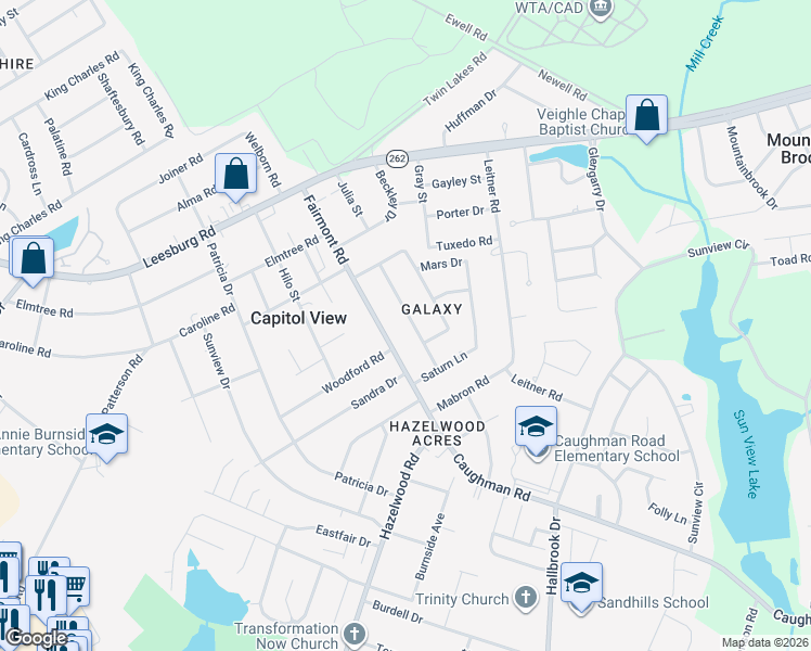 map of restaurants, bars, coffee shops, grocery stores, and more near 7301 Venus Road in Columbia