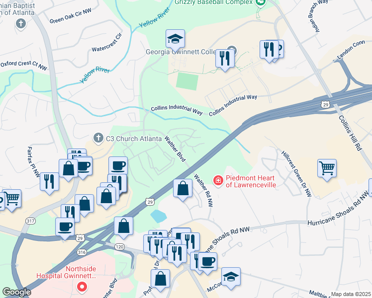 map of restaurants, bars, coffee shops, grocery stores, and more near 855 Walther Boulevard in Lawrenceville