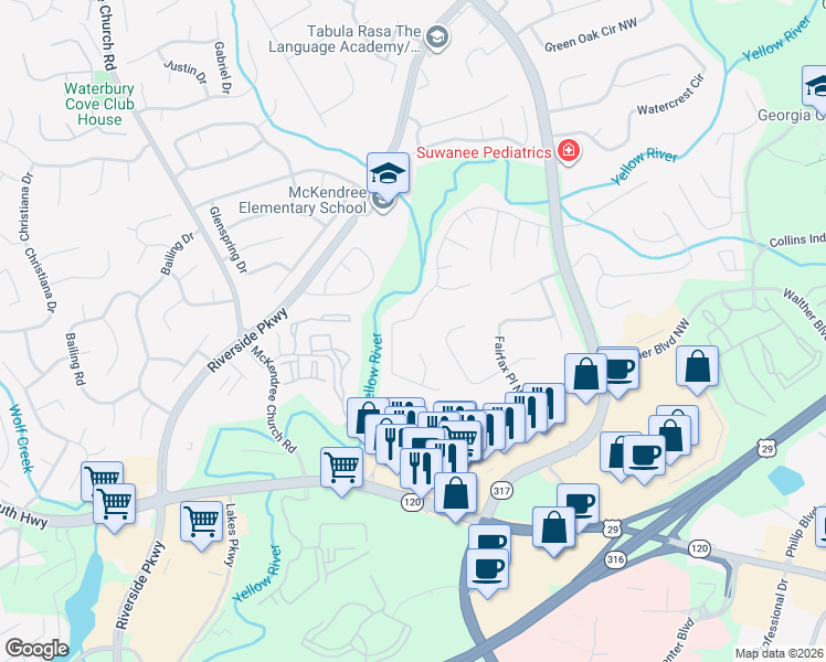 map of restaurants, bars, coffee shops, grocery stores, and more near 990 River Overlook Drive Northwest in Lawrenceville