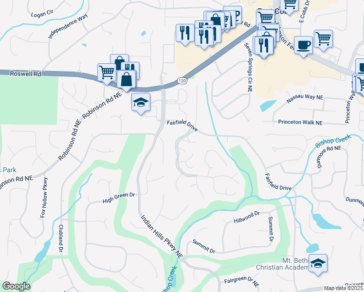 map of restaurants, bars, coffee shops, grocery stores, and more near 3977 Chantilly Place in Marietta