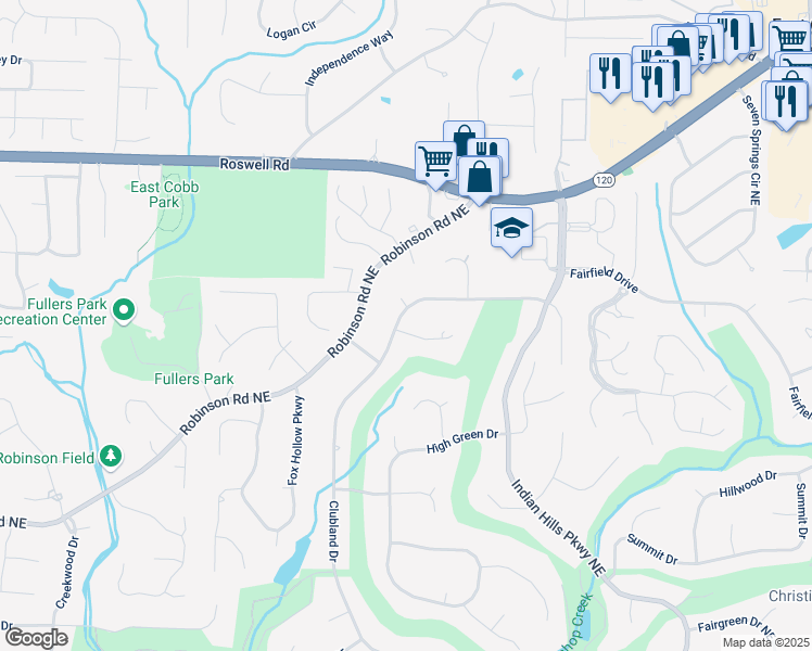 map of restaurants, bars, coffee shops, grocery stores, and more near 3459 Clubland Drive in Marietta