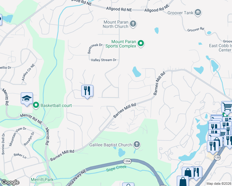 map of restaurants, bars, coffee shops, grocery stores, and more near 917 Mountain Top Drive Northeast in Marietta