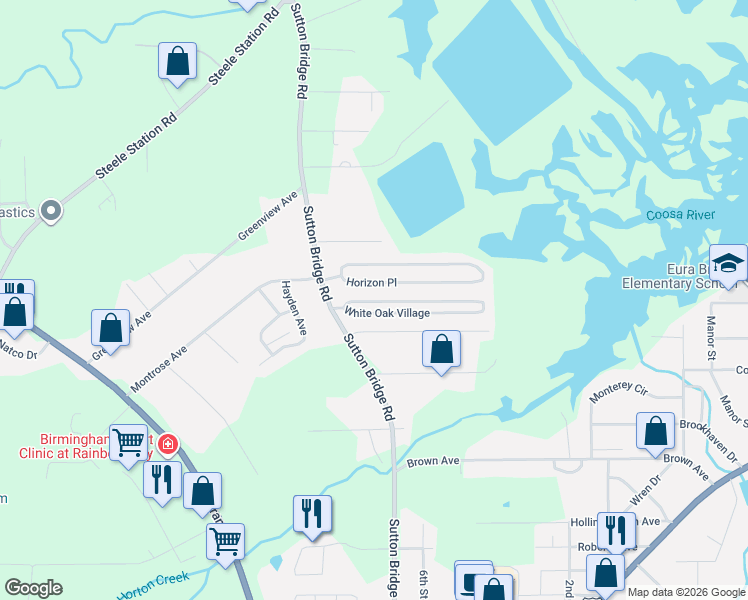 map of restaurants, bars, coffee shops, grocery stores, and more near 31 Country Lane in Rainbow City