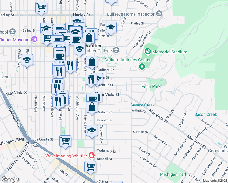 map of restaurants, bars, coffee shops, grocery stores, and more near 13625 Mar Vista Street in Whittier
