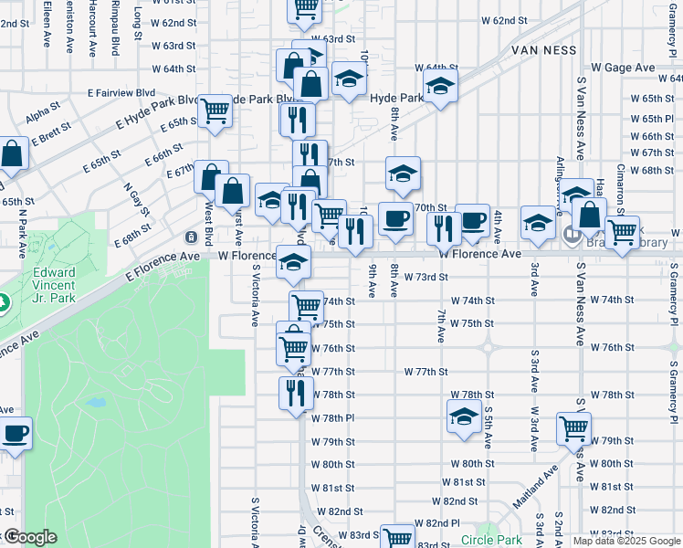 map of restaurants, bars, coffee shops, grocery stores, and more near 3209 West 73rd Street in Los Angeles