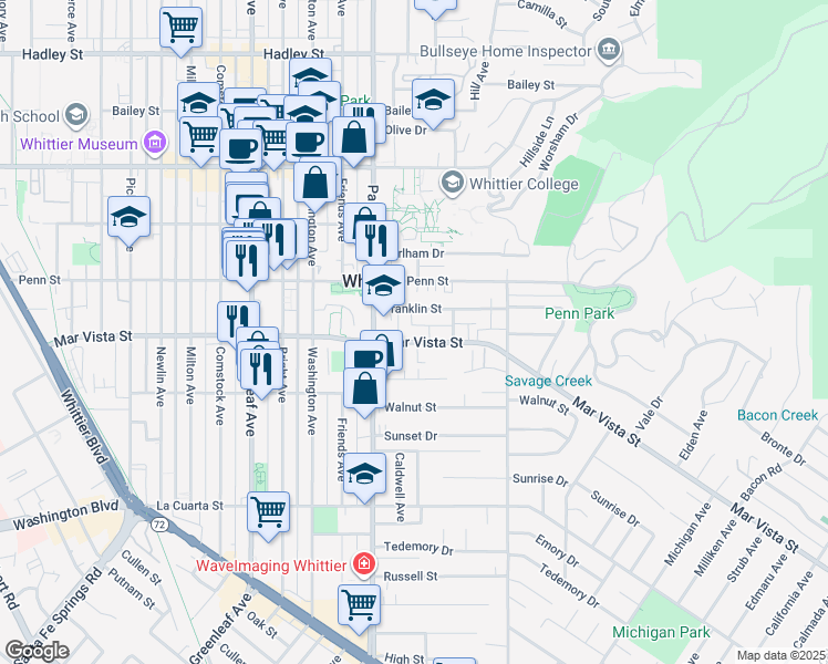 map of restaurants, bars, coffee shops, grocery stores, and more near 13605 Mar Vista Street in Whittier