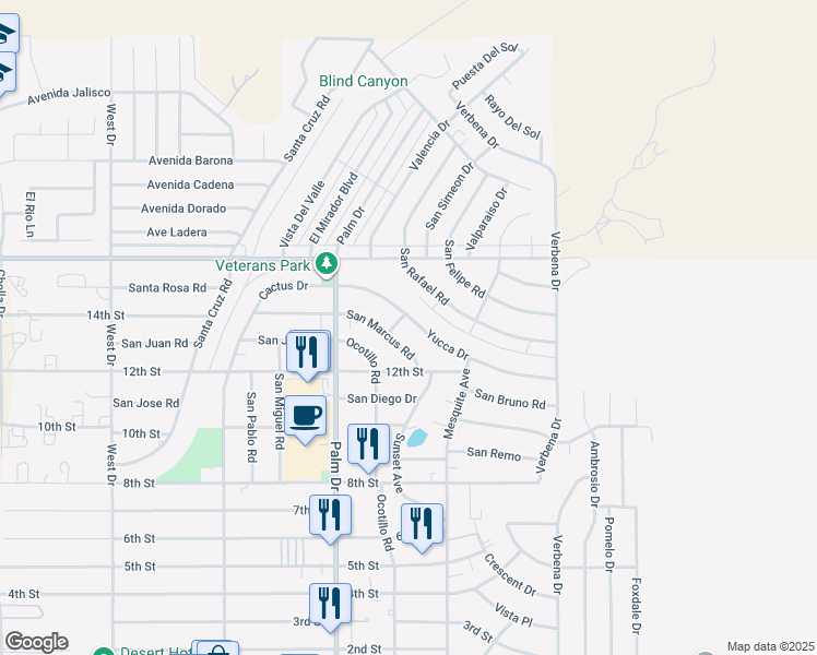 map of restaurants, bars, coffee shops, grocery stores, and more near 66621 Yucca Drive in Desert Hot Springs